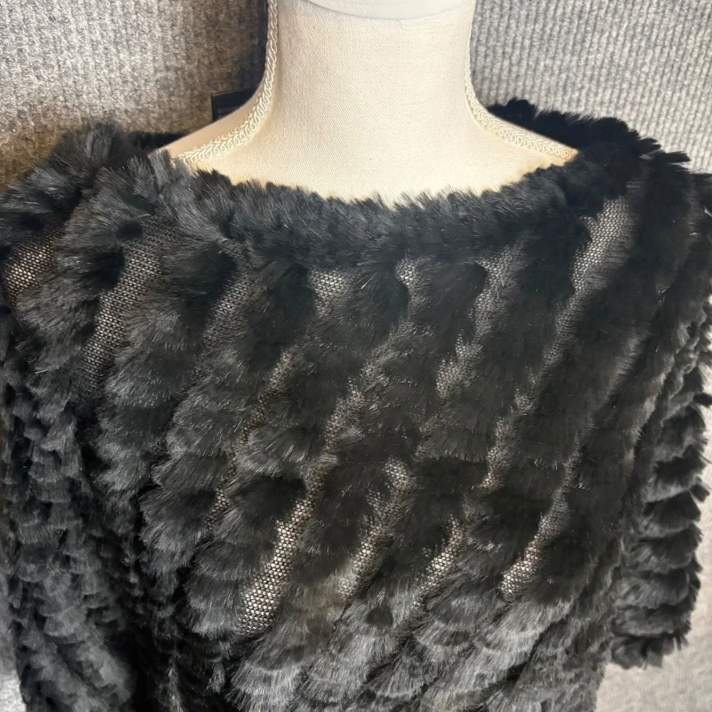 Black Rivet Genuine Rabbit Fur Poncho Wrap Black Wool Blend One Size Asymmetric